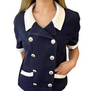 CHANEL Vintage CC Logo Double Jacket #40 Button Dark Blue Cream Cotton  [104052]